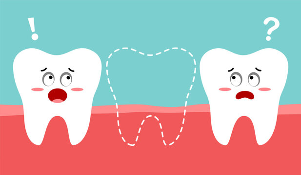 Cute missing tooth dental cartoon character in flat design.