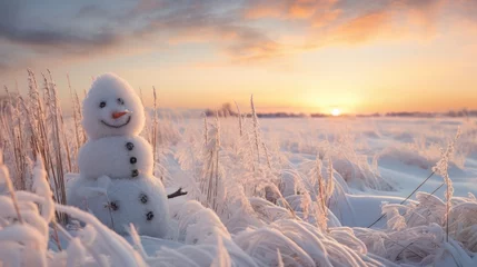 Gordijnen A snowman sitting in the middle of a snow covered field. Generative AI. © Natalia