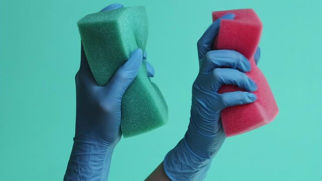 Vertical video. Cleaning tools. Home chores. Janitor hands in protective gloves crumpling two soft blue pink sponges isolated on green background.