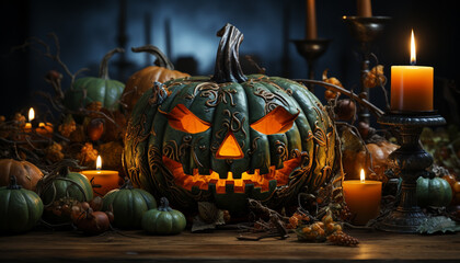 Obraz premium Halloween celebration spooky pumpkin lanterns illuminate the dark night generated by AI