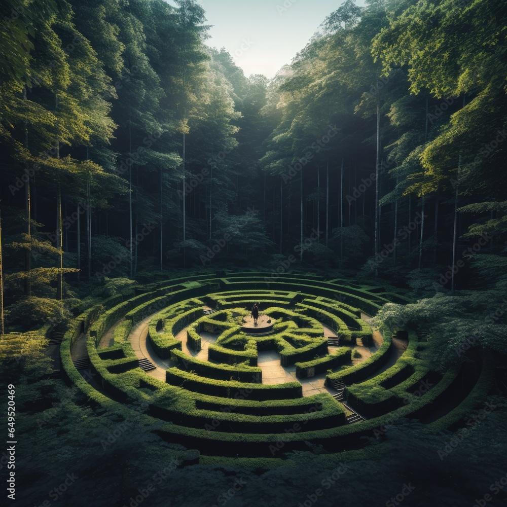 Poster a circular maze in the middle of a forest. generative ai.