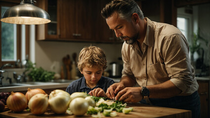 Father teaching cook to kid