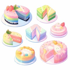 Illustration cute piece of cake set and dessert pastel color Created with Generative AI technology.