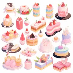 Illustration cute piece of cake set and dessert pastel color Created with Generative AI technology.