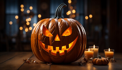 Spooky Halloween night, glowing pumpkin lanterns illuminate the dark generated by AI