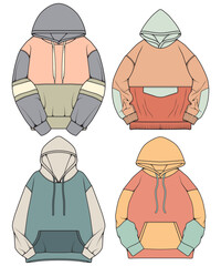 Oversized hoodie technical fashion illustration with relaxed fit, long sleeves. Flat outwear jumper apparel template. Women, men, unisex sweatshirt top mockup © dewi