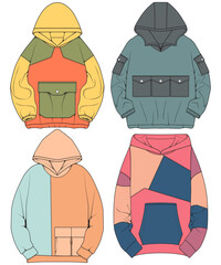 Oversized hoodie technical fashion illustration with relaxed fit, long sleeves. Flat outwear jumper apparel template. Women, men, unisex sweatshirt top mockup © dewi