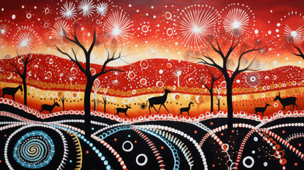 Obraz premium Ai artwork in the style of Australian indigenous paintings. Generative ai.