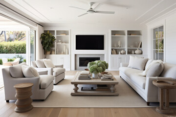 Photorealistic ai artwork of a modern living room in hamptons style. Generative ai.