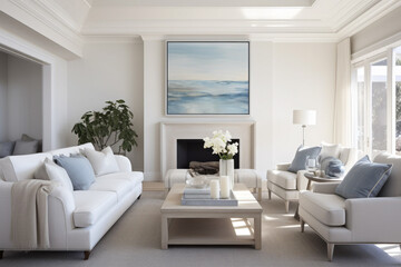 Photorealistic ai artwork of a modern living room in hamptons style. Generative ai. - obrazy, fototapety, plakaty