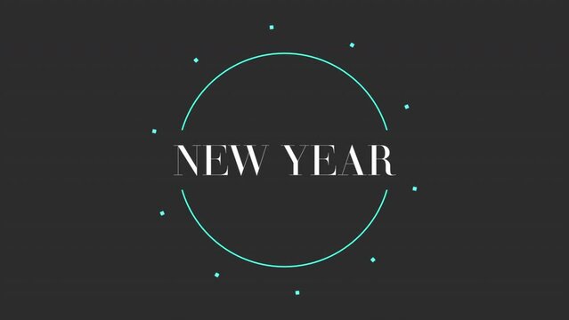 Happy New Year text in circle on black modern gradient, motion abstract winter holidays, minimalism and promo style background