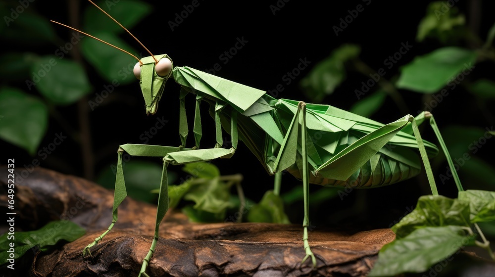 Poster a close-up of a paper grasshopper on a tree branch. generative ai.