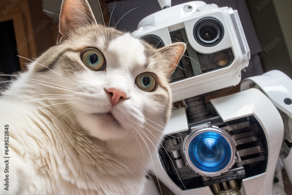 Poster a close up of a cat near a robot. generative ai.