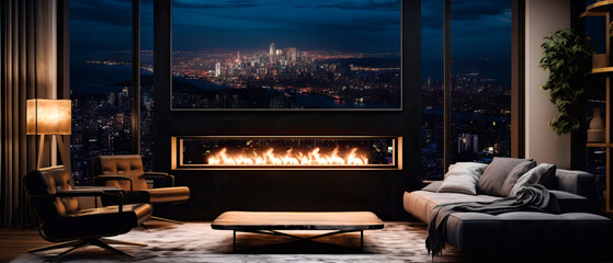 A stylish luxury modern living room in an exclusive penthouse in the city at night. Incredible panoramic views of the downtown cityscape skyline with a cozy fireplace. - obrazy, fototapety, plakaty