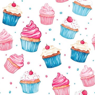 Seamless pattern with watercolor cupcakes on a white background in pink and blue tones. watercolor illustration for wrapping paper, textile, wallpaper, cards and menu 