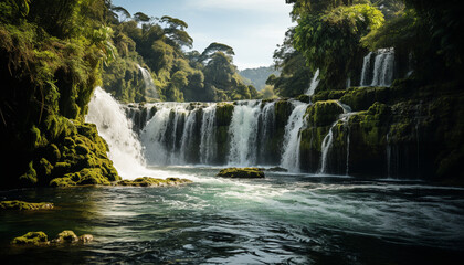 Majestic waterfall cascades through lush tropical rainforest, creating breathtaking beauty generated by AI