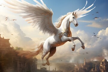 Obraz na płótnie Canvas Pegasus, Winged Horse of Greek Mythology, Flying horse with wings, Epic Mythological Adventure: Pegasus in Roman Fantasy Landscape