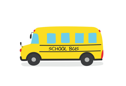 Simple cartoon yellow school bus illustration flat vector. Hand drawn specialty vehicles icon. Transportation element in kid drawing style. Back to school concept