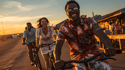 Happy couple having fun riding bikes together on the beach at sunset, cheerful young couple in love enjoy cycling along the beach at sunset