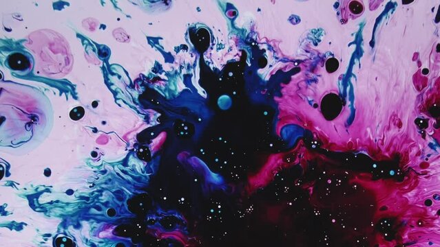 Oil splatter. Colorful stains. Red blue fluid splash spreading paint explosion abstract creative dynamic background.