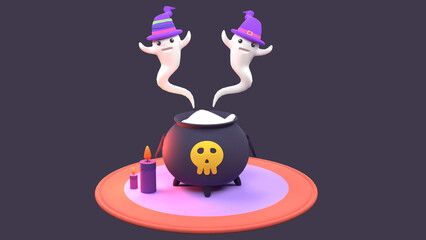 3d illustration 2 cute ghosts coming out of the poison place special halloween