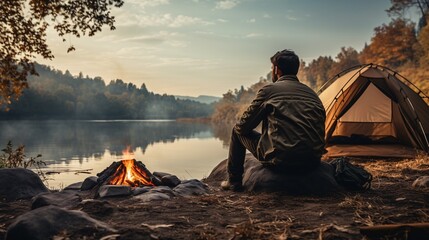 A man is sitting and warming himself by a fire at the edge of a lake and mist, with a bonfire, a tent, the morning sun or sunset, a forest, a mountain range. The concept is travel, hiking, adventure. - obrazy, fototapety, plakaty