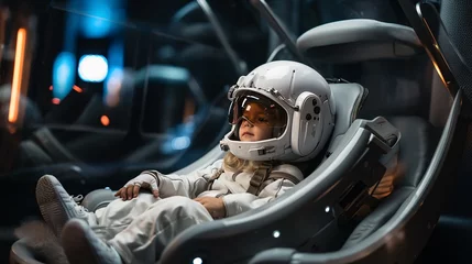 A girl in an astronaut suit sits in the cockpit of a spaceship. Futuristic high-tech background. Future dream job for kid learning, imagination and inspiration. © chawalit