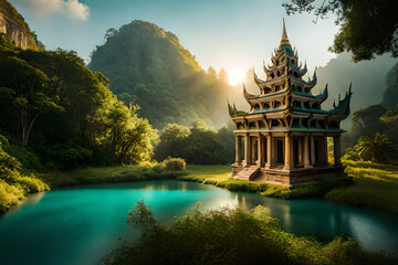 Fototapeta premium Ancient Ta Promh temple in the jungle, Cambodia. Digital painting.
