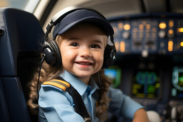 Child cute girl airplane captain or child pilot sits inside the cockpit. Smile happily and have fun. Future air hostess dream job for kid. Learning is creative, imaginative, inspiration. Copy space.