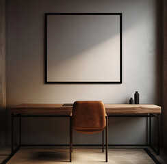 Minimalist Black Wooden Frame Wall Art Mock-Up in Home Office by the Window