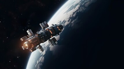 Cargo spaceship on orbit of the Earth planet Dark s - obrazy, fototapety, plakaty