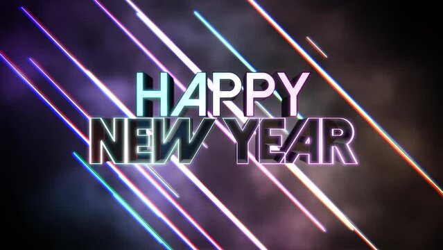 Happy New Year text with neon colorful lines on disco stage, motion abstract disco, club, retro and holidays winter style background