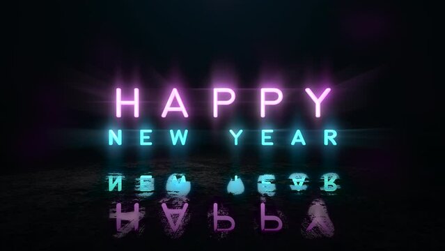 Happy New Year with neon lights on street in city, motion abstract disco, club, retro and holidays winter style background