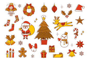 Fototapeta premium クリスマスモチーフの手書き線画ベクターイラスト