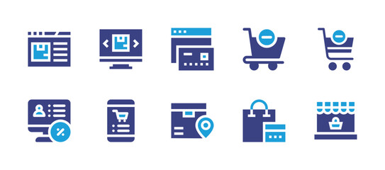 Ecommerce icon set. Duotone color. Vector illustration. Containing remove from cart, location, tracking, shipping, online shop, shopping bag, shopping cart, online store, online shopping.