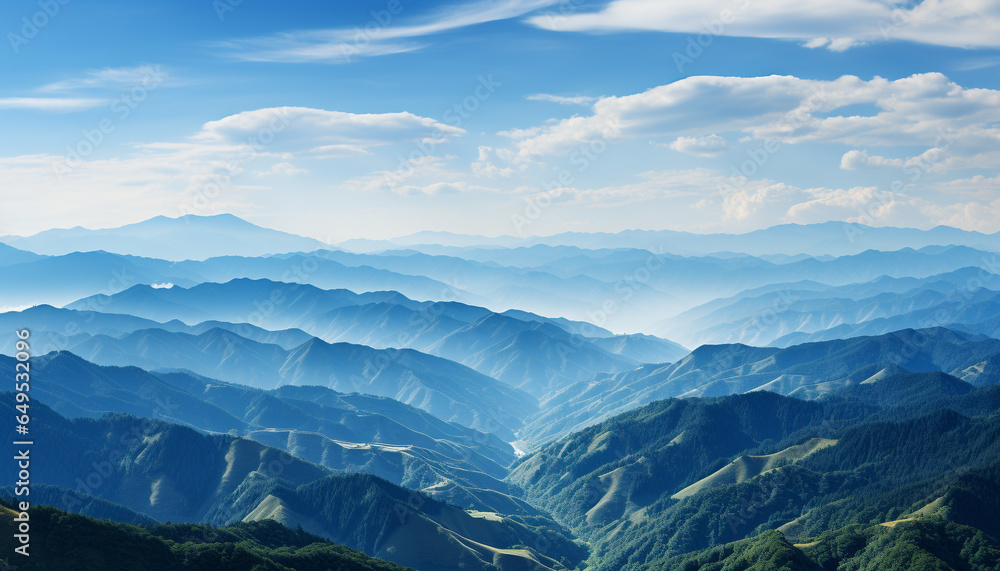 Poster majestic mountain peak, blue sky, tranquil meadow, green forest generated by ai