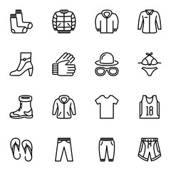 Clothing Line Icons set. shorts, apparel, fashionable, shirt, textile, outline, store, concepts, glasses, shopping, shop, hat, sportswear, underwear
