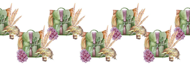 Seamless rim watercolor green backpack for mushroom picking and hike on white background.  Cedar cone. Forest tourism for weekend walking. Hand-drawn art for card or sticker. Border for wallpaper