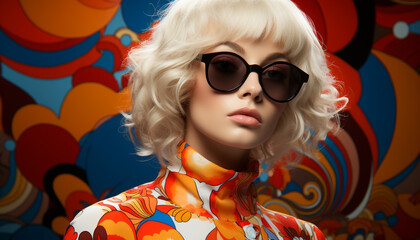 Beautiful blond woman in sunglasses, elegant and fashionable, looking at camera generated by AI