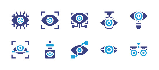 Eye icon set. Duotone color. Vector illustration. Containing eye, eye scan, eye scanner, eye drop, bionic eye, nano eye surgery, red eyes, eye recognition, eye test.