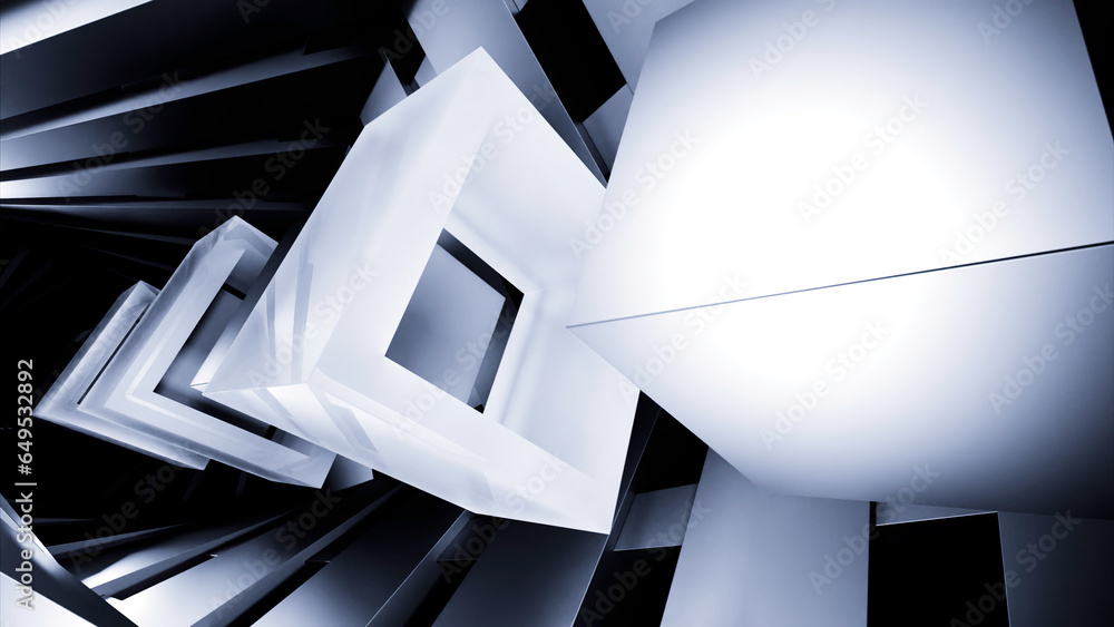 Poster a dark tunnel with moving squares. design. blue and gray three-dimensional geometric shapes slowly m