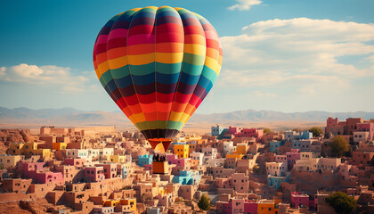 Fototapeta na wymiar Hot air balloon flying over cityscape, an adventurous transportation mode generated by AI