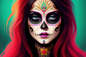 Sugar Skull Calavera girl in makeup for Cinco De Mayo, Generative AI