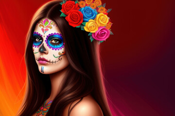 Sugar Skull Calavera girl with flowers in hair for Cinco De Mayo, Generative AI