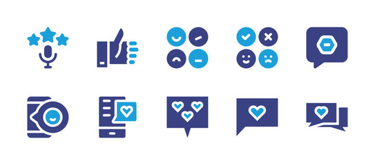 Feedback icon set. Duotone color. Vector illustration. Containing delete, thumb up, customer satisfaction, social media, chat, rating, positive review, message.