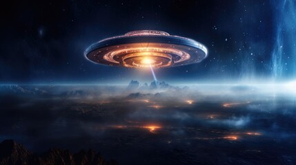 a spaceship or UFO fly on sky of space galaxy, alien tran