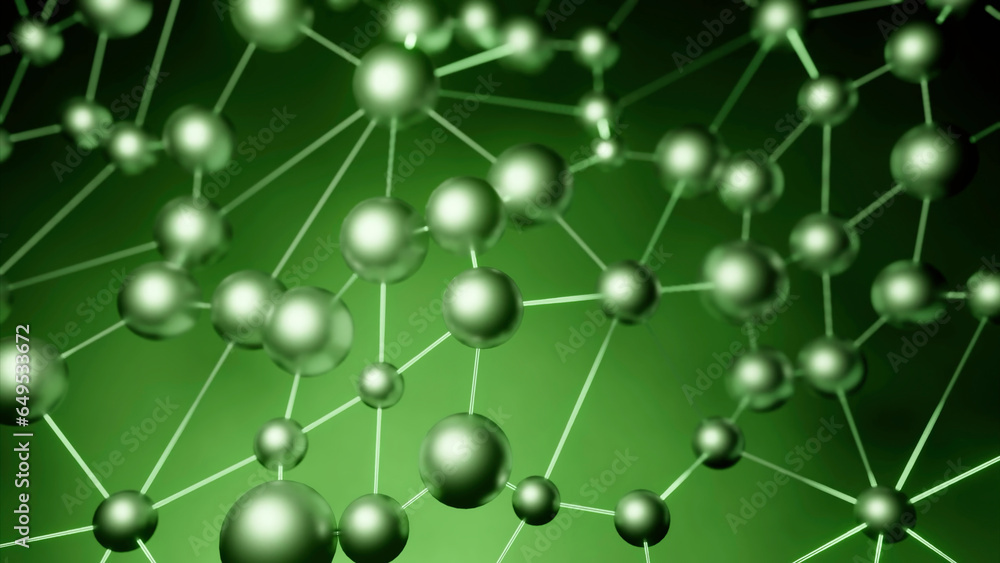 Poster green and blue background. design. bound round molecules made as if under a microscope move in 3d fo