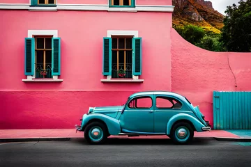 Deurstickers Famous bright color retro car parked by colorful houses in Bo Kaap district in Cape Town. © Luci
