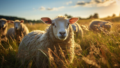 Obraz premium Cute young lamb grazing in green meadow at sunset generated by AI