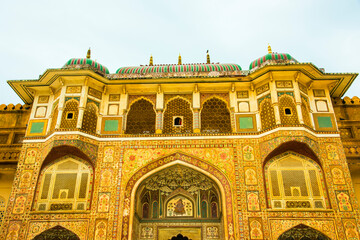 Detail of ornately decorated inside Amber fort, Jaipur, Rajasthan, India